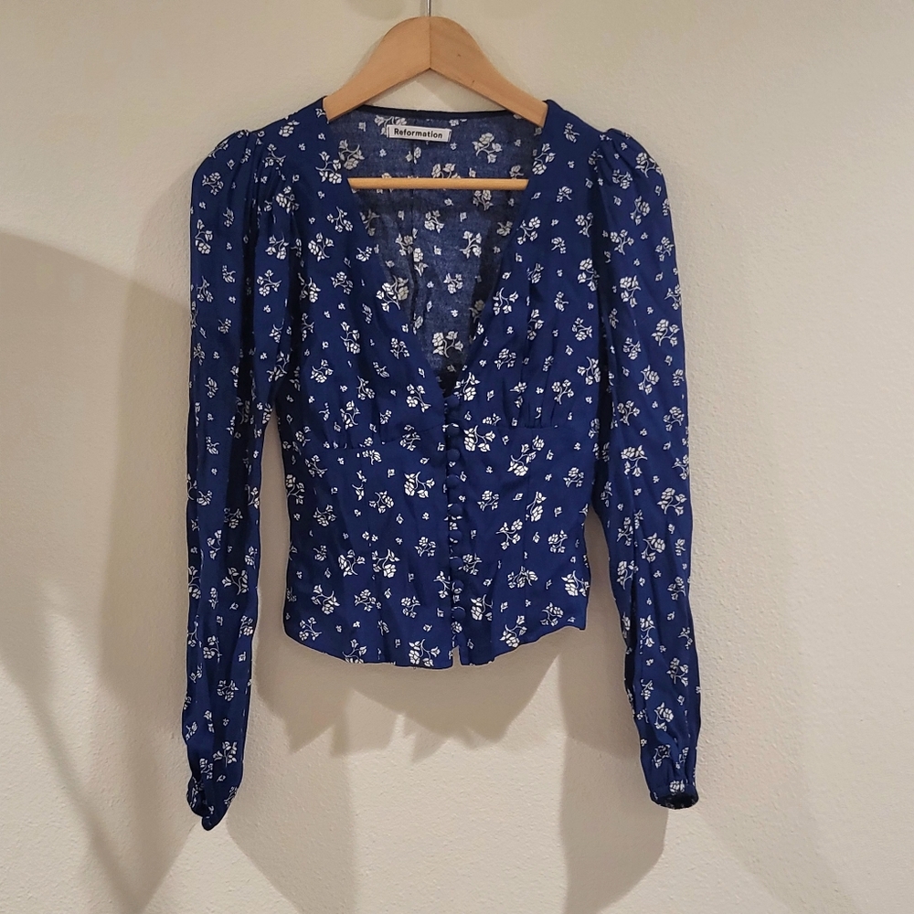 Reformation Blue Floral Button-Up Blouse